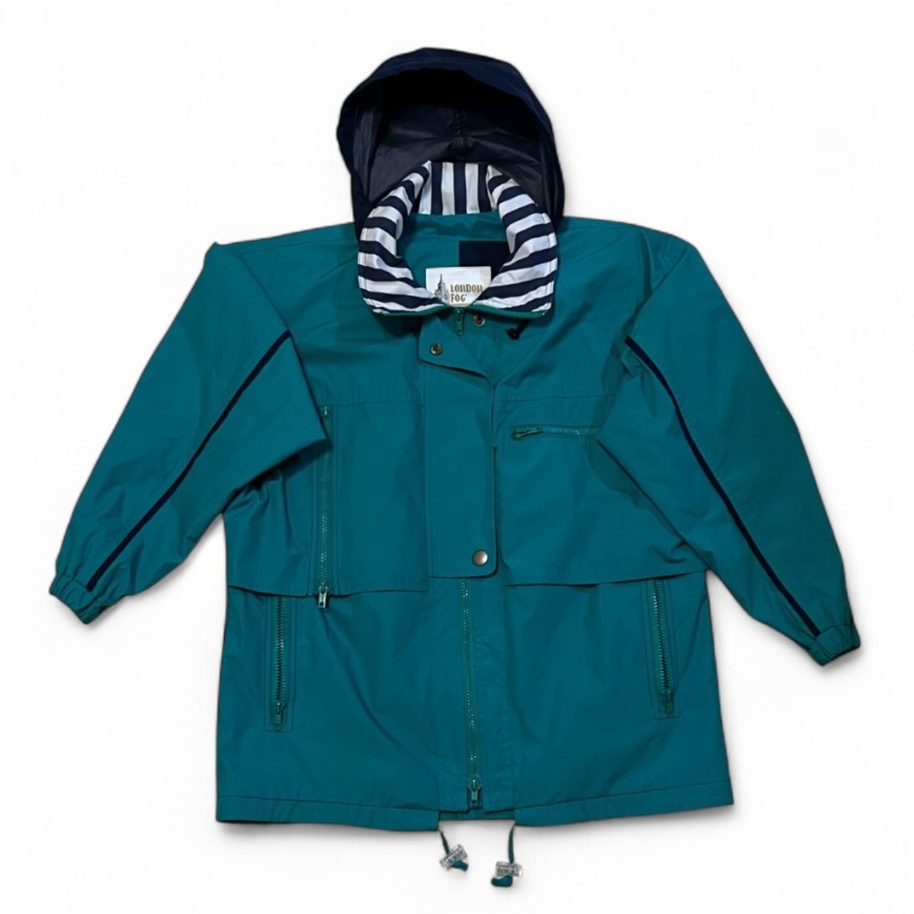 London Fog Teal Raincoat with Striped Hood